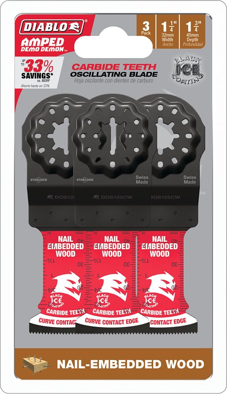 Diablo AMPED Demo Demon Starlock Carbide Teeth Oscillating Blade for Nail - Embedded Wood - 1-1/4" Cutting Width, 1-3/4" Cutting Depth, 3-Pack - DOS125CW3