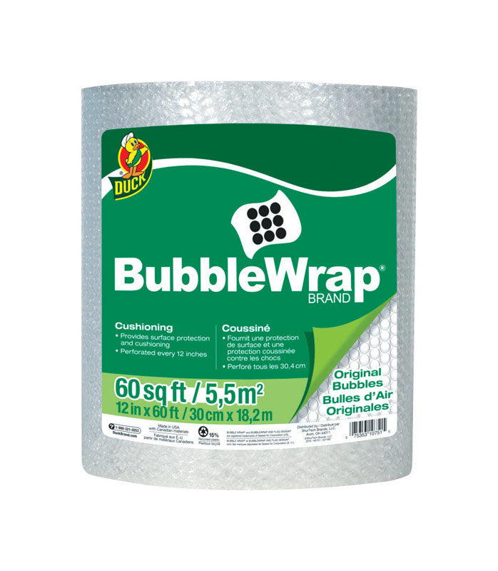 Duck Brand Bubble Wrap Roll, Original Bubble Cushioning, 12'' x 60', Perforated Every 12'' (1061835), Clear