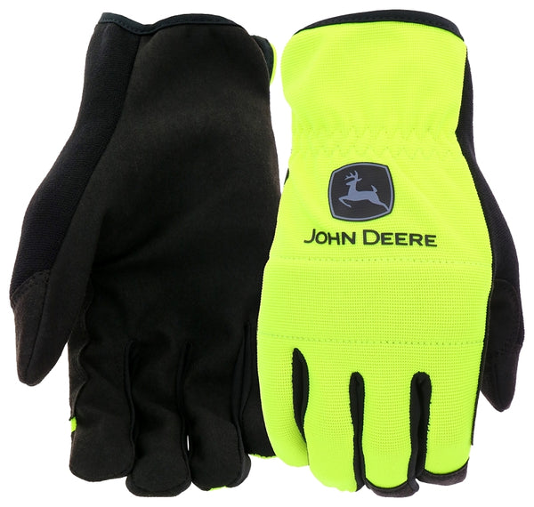 West Chester John Deere JD86018-XL Synthetic Leather Palm Gloves - Large, Hi-Dex Spandex Back Gloves with Reinforced PU Thumb Saddle, Shirred Elastic Wrists