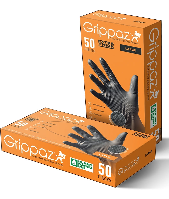 Grippaz 8 Mil Thick Black Superior Strength 100% Nitrile Disposable Gloves, Patented Fish Scale Grip, Extended 12" Cuff, Chemical Resistant, Touch Screen Capable, Large, 50 Pairs per Box (G21091-XL50)