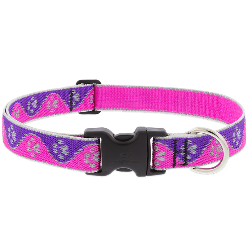 Lupine Reflective Dog Collar 1" Wide Pink Paws Adjusts from 16" to 28"