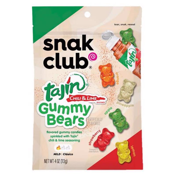 Snak Club Tajin Gummy Bears, Assorted Fruit Candy Gummies with Chili and Lime Seasoning, Mild Spice, Gluten-Free and Vegan Snacks, 9 oz Resealable Bags, 3 Pack 1721906