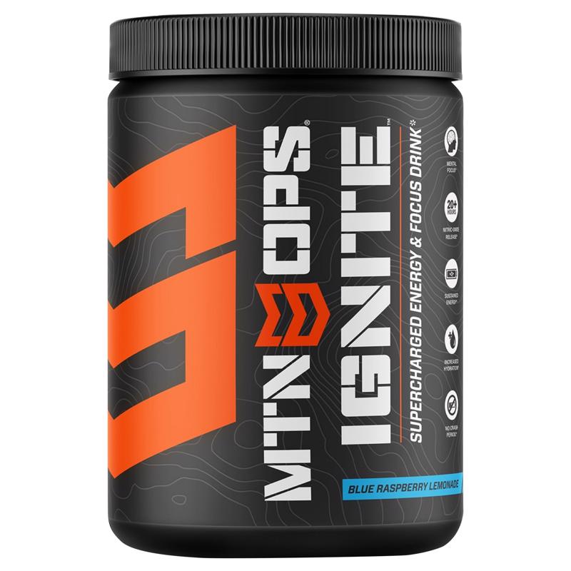 MTN OPS Ignite Energy Drink Powder, Gluten Free Nootropic Supplement Drink Mix, L Arginine, L Citrulline, Caffeine & Nootropic Sugar Free Drink Mix, 45 Servings, Blue Raspberry Lemonade