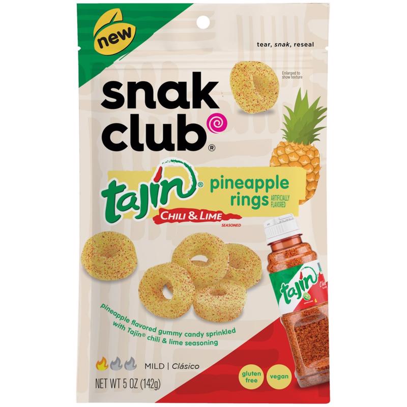 Snak Club Tajin Pineapple Rings Gummy Candy, Fruit Candy Gummies with Chili and Lime Seasoning, Mild, Gluten-Free and Vegan Snacks, 11 oz Resealable Bag