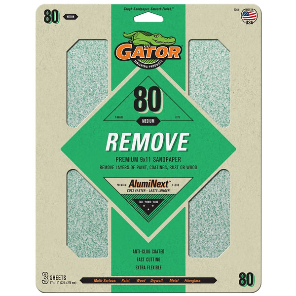 Ali Industries Gator 7261 Sanding Sheet, 11 in L, 9 in W, 80 Grit, Medium, Aluminum Oxide Abrasive