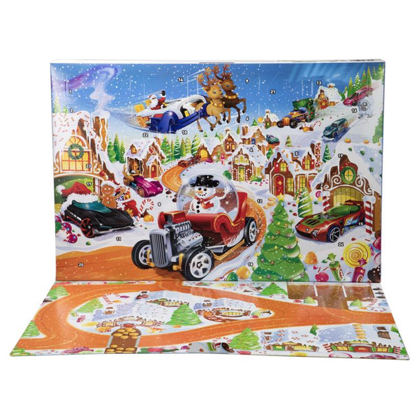 Hot Wheels Toy Cars & Playset, 2025 Advent Calendar with 10 Vehicles in 1:64 Scale, 10 Ornament Clips & 14 Winter-Themed Accessories JCB47