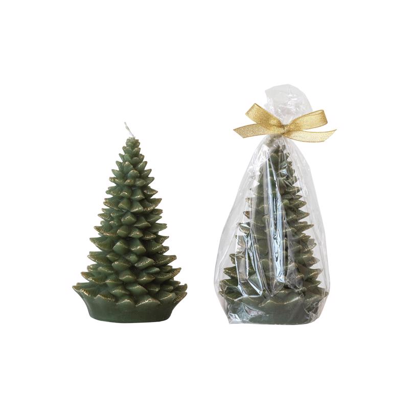 Creative Co-Op Tall Holiday Tree Shaped Candle with Gold Tips, Evergreen Color XS4591