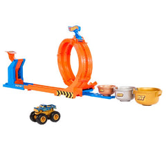 Hot Wheels Monster Trucks Toy Truck & Track Set, Loop-and-Flip Trophy Challenge Playset & 1:64 Scale 50th Anniversary Die-Cast Bigfoot, 2 Ways to Play JBX64
