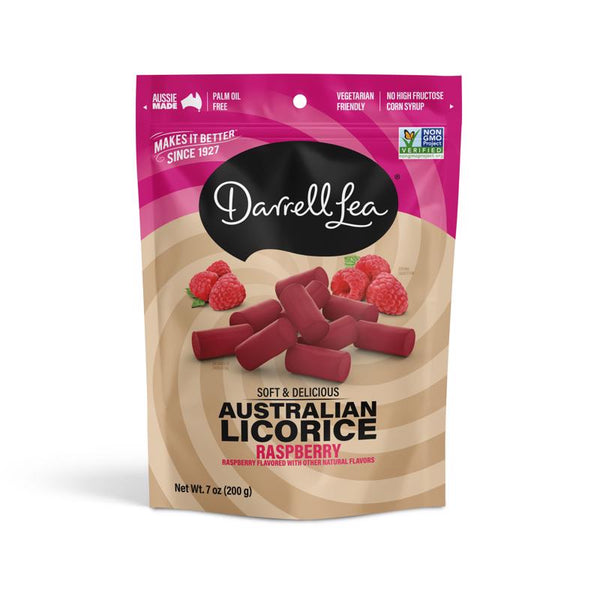 Darrell Lea Soft Australian Licorice, Non-GMO, No Palm Oil, Plant Based, No High Fructose Corn Syrup, Soft & Chewy Licorice Candy, Made in Australia, Raspberry (7 Ounce (Pack of 1)) 21503