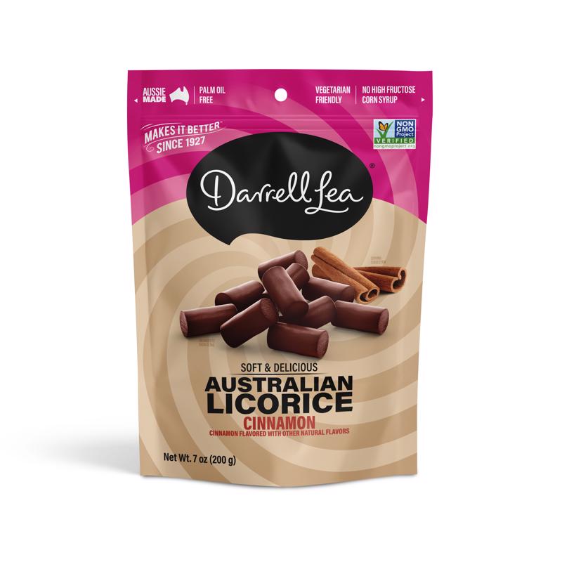 Darrell Lea Soft Australian Licorice, Non-GMO, No Palm Oil, Plant Based, No High Fructose Corn Syrup, Soft & Chewy Licorice Candy, Made in Australia, Cinnamon (7 Ounce (Pack of 1))