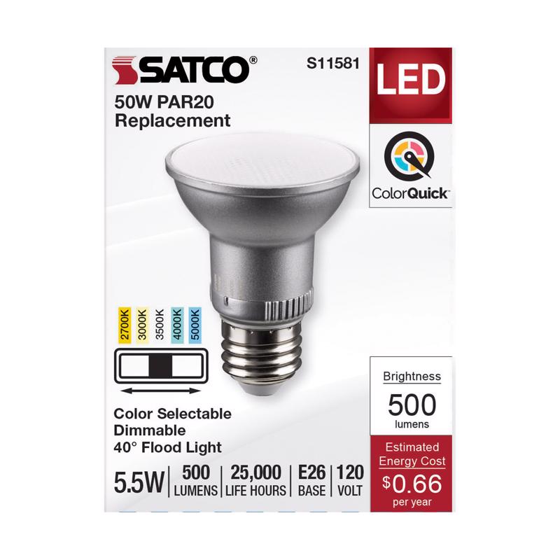Satco S11581 5.5 Watt 120 Volt PAR20 Reflector LED Bulb; E26 Medium Base; Silver Finish; CCT Selectable; 40 Degree Beam Angle (1 LED Bulb)