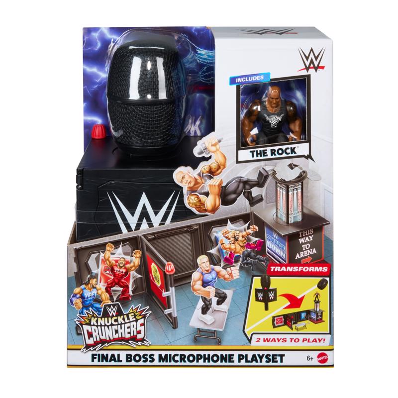 Mattel WWE Knuckle Crunchers 2-in-1 Microphone & Playset with Action Figure & 2 Accessories, Final Boss Set with 3.25-inch The Rock
