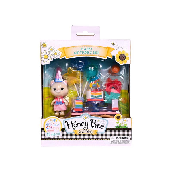Honey Bee Acres Birthday Wishes Playset, 15 Piece Miniature Dollhouse Party Set with Cat Figure, Rainbow Cake, Balloons & Gift, Pretend Play Birthday Celebration for Kids Ages 3+ 320628
