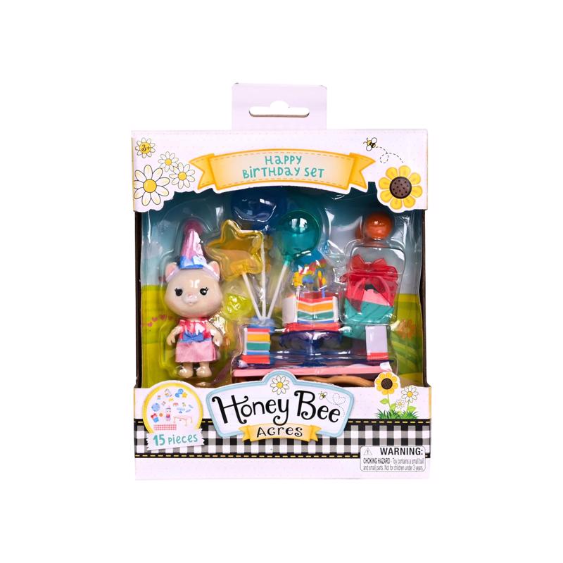 Honey Bee Acres Birthday Wishes Playset, 15 Piece Miniature Dollhouse Party Set with Cat Figure, Rainbow Cake, Balloons & Gift, Pretend Play Birthday Celebration for Kids Ages 3+