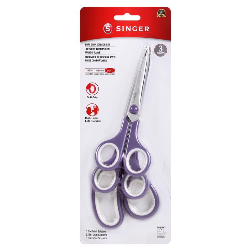 SINGER 3pc Soft Grip Scissor Set: 8.5" Fabric Shears, 5.5" Sewing Scissors & 6.75" Multi-Use Craft Scissors - Comfort Grip, Suitable for Left-Handed