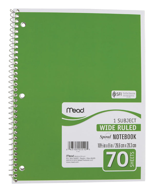 Mead Spiral Notebook, 1 Subject, Wide Ruled Paper, 7-1/2" x 10-1/2", 70 Sheets, Color Will Vary (05510)