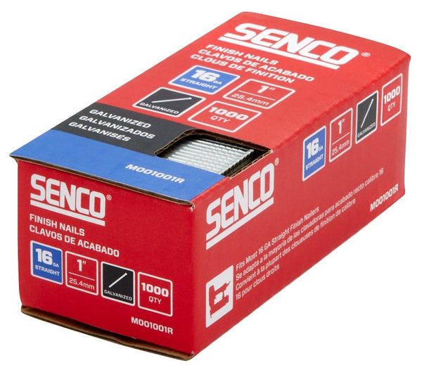 SENCO M001001R 1" 16 Gauge Straight Finish Nails, Galvanized Finish 1,000 Count Pack