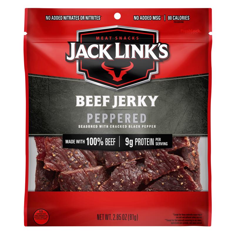 Jack Link's Beef Jerky, Peppered Flavor, 2.85 oz - Flavorful Meat Snack, 9g of Protein and 80 Calories, Made with Premium Beef - 95 Percent Fat Free, No Added MSG or Nitrates/Nitrites