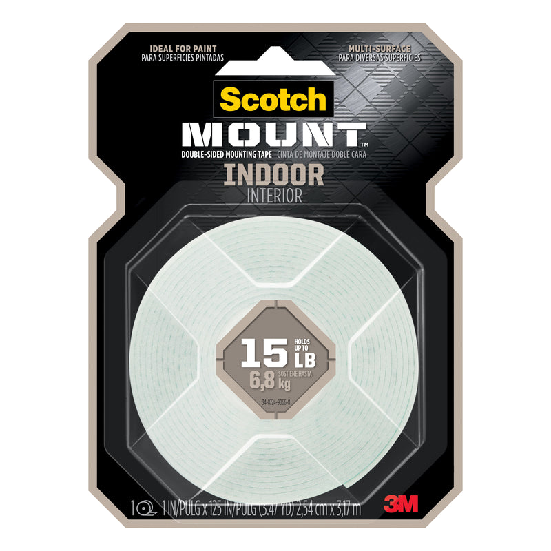 Scotch-Mount Indoor Double-Sided Mounting White Tape, 1 in x 125 in (10.4 ft), Features 3M Industrial Strength Adhesive, No Mess or Tools (314H-MED)