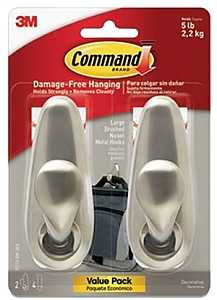 Command 5 lb Large Brushed Nickel Metal Hooks, 2 Coat Hooks and 4 Strips, Damage-Free Hanging with Adhesive, Great for Hanging Home and Room Decor