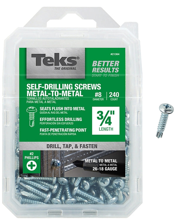 Teks 21364 Screw, 8 Thread, 3/4 in L, Coarse Thread, Pan Head, Phillips Drive, Self-Drilling, Self-Tapping Point, Steel - pack of 240