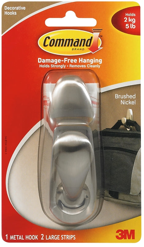 Command FC13BNES Adhesive Mount Metal Hook, Large, Brushed Nickel Finish, 1 Hook & 2 Strips/Pack