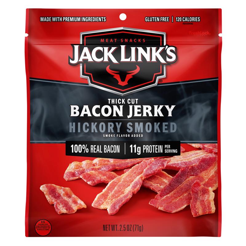 Jack Link's Bacon Jerky, Hickory Smoked - Flavorful Ready to Eat Meat Snack with 11g of Protein per Serving, Made with 100% Thick Cut Real Bacon, Protein Snack, Keto Friendly, 2.5 oz.