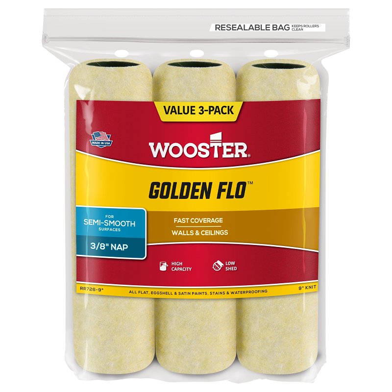 Wooster Brush RR726-9 Golden Flo Roller Cover 3-Pack, 3/8 Inch Nap, 9 Inch