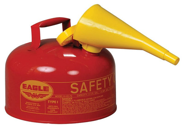 Eagle 2 Gallon Type I Red Safety Gas Can for Gasoline with Flame Arrester, Self-Closing Lid, and F-15 Funnel, Made in the USA, Galvanized Steel Flammable Storage Can, UI20FS