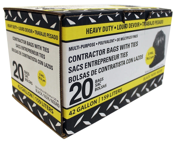 Petoskey Plastics, Inc 93001 Petoskey Plastics Fg-P9934-01A Heavy Duty Contractor Bag with Ties, 42 Gal, 32 in W X 50 in D X 3 Mil T, 1 Pack (20, Black