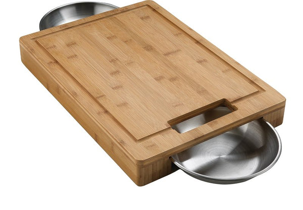 Napoleon PRO Bamboo Cutting Board with Stainless Steel Bowls 70012 Naturally Cutting Board with Two Stainless Steel Bowls, Chopping and Carving Meat