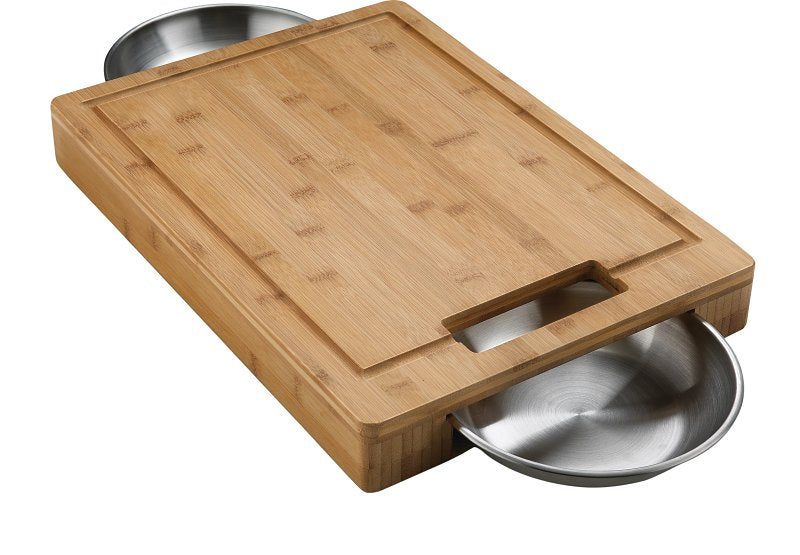Napoleon PRO Bamboo Cutting Board with Stainless Steel Bowls 70012 Naturally Cutting Board with Two Stainless Steel Bowls, Chopping and Carving Meat
