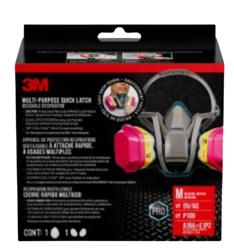 3M Safety 3M P100 / OV / AG Multi-Purpose Quick Latch Reusable Respirator 65023QL, Medium Size, NIOSH-APPROVED P100 / Organic Vapor / Acid Gas Rated Filters, Cool Flow Valve For Easy Breathing (65023QLHA1C-PS)