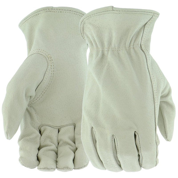 BOSS Men's Grain Pigskin Leather Driver Work Gloves, Tear Resistant, Keystone Thumb, Shirred Elastic Wrist, White, Large, (B83071-L) 4052L
