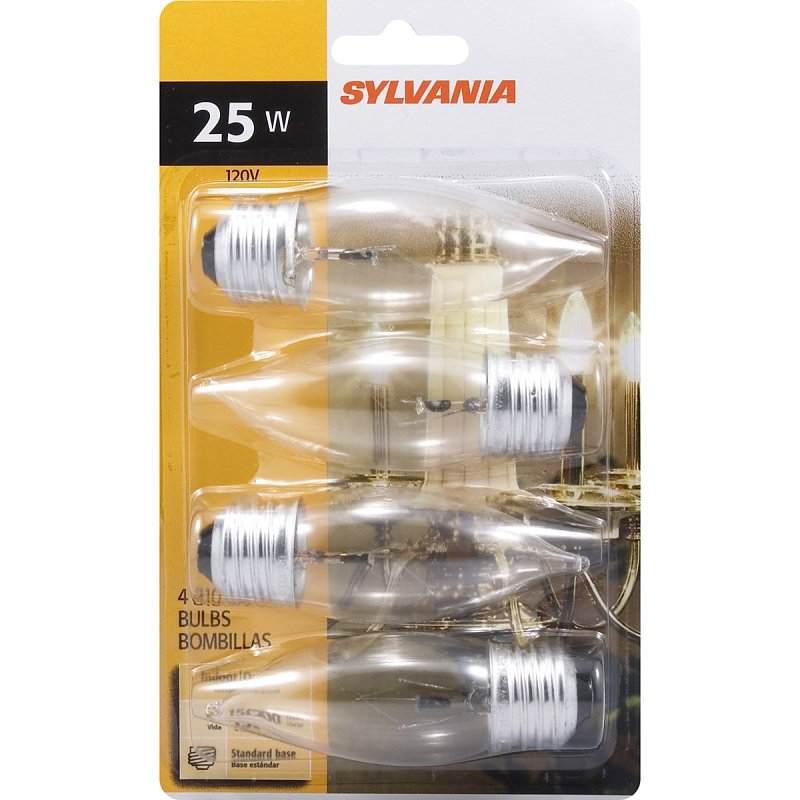 Sylvania 25 Watt Light Bulbs 4 Pack - Incandescent E26 Medium Base Bulbs, Dimmable B10 Bent Tip Type B Chandelier Light Bulbs 25W, 120V Clear Warm White