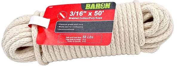 Baron 42605 Braided Sash Cord, 3/16 Inch X 50 Feet, White