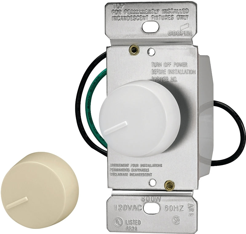 EATON RI06P-VW-K2 Core React Preset Rotary Dimmer, 600 W, 120 Vac, 1 Pole, Ivory, White