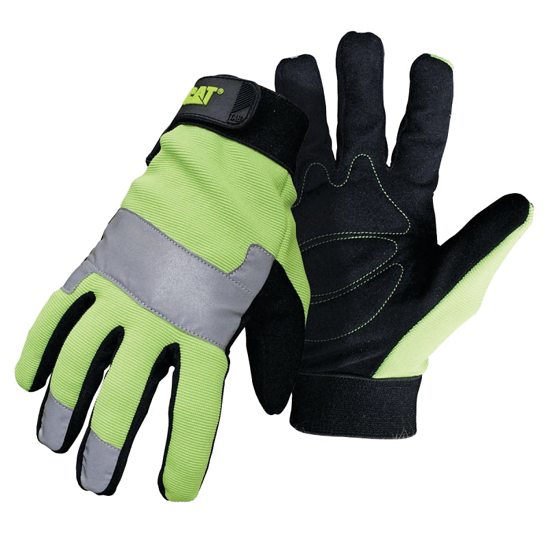 CatÂ® CAT012214M Spandex Back Gloves â Neon Green, Medium, Padded Synthetic Leather Palm Gloves with Reflective Knuckle Tape