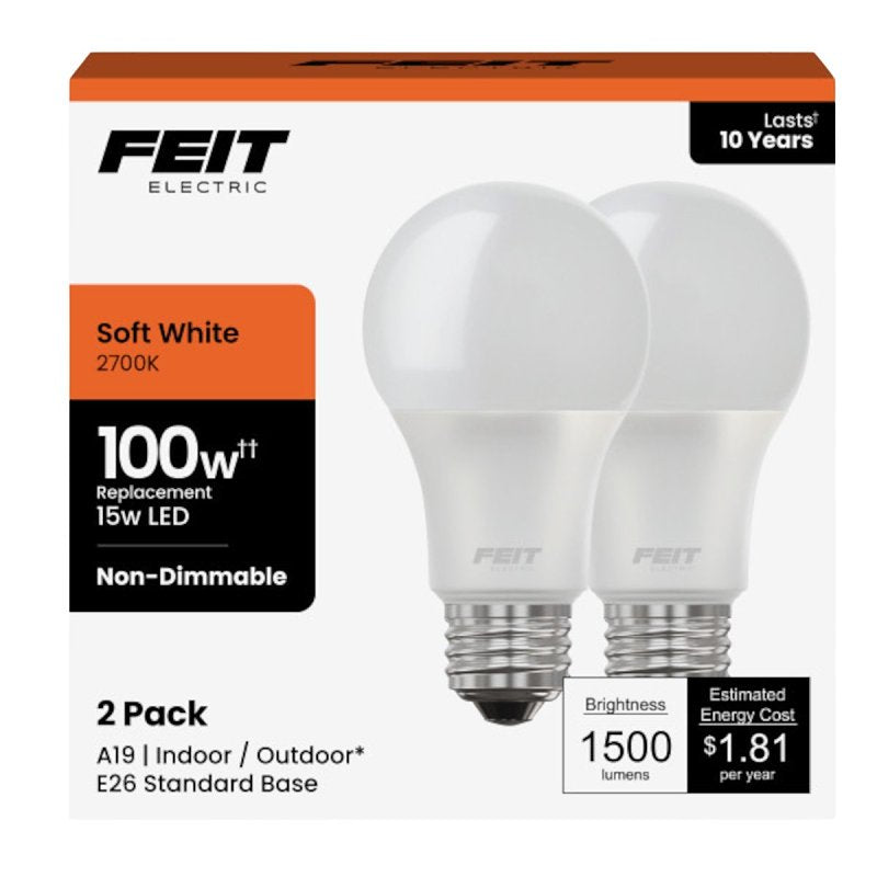 Feit Electric A19 LED Light Bulbs, 100W Equivalent, Non Dimmable, 1600 Lumens, E26 Standard Base, 2700k Soft White, 80 CRI, 10 Year Lifetime, Energy Efficient, 2 Pack, A1600/827/10KLED/2