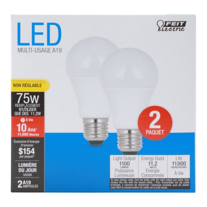 Feit Electric A19 LED Light Bulbs, 75W Equivalent, Non Dimmable, 1100 Lumens, E26 Standard Base, 5000k Daylight, 80 CRI, 10 Year Lifetime, Energy Efficient, 2 Pack, A1100/850/10KLED/2