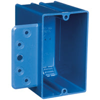 Carlon B118B-UPC Outlet Box with Bracket, 1 -Gang, 4 -Knockout, PVC, Blue, Bracket, Stud Mounting