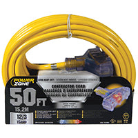 PowerZone Contractor Cord, 12 AWG Cable, 50 ft L, 15 A, 125 V, Yellow